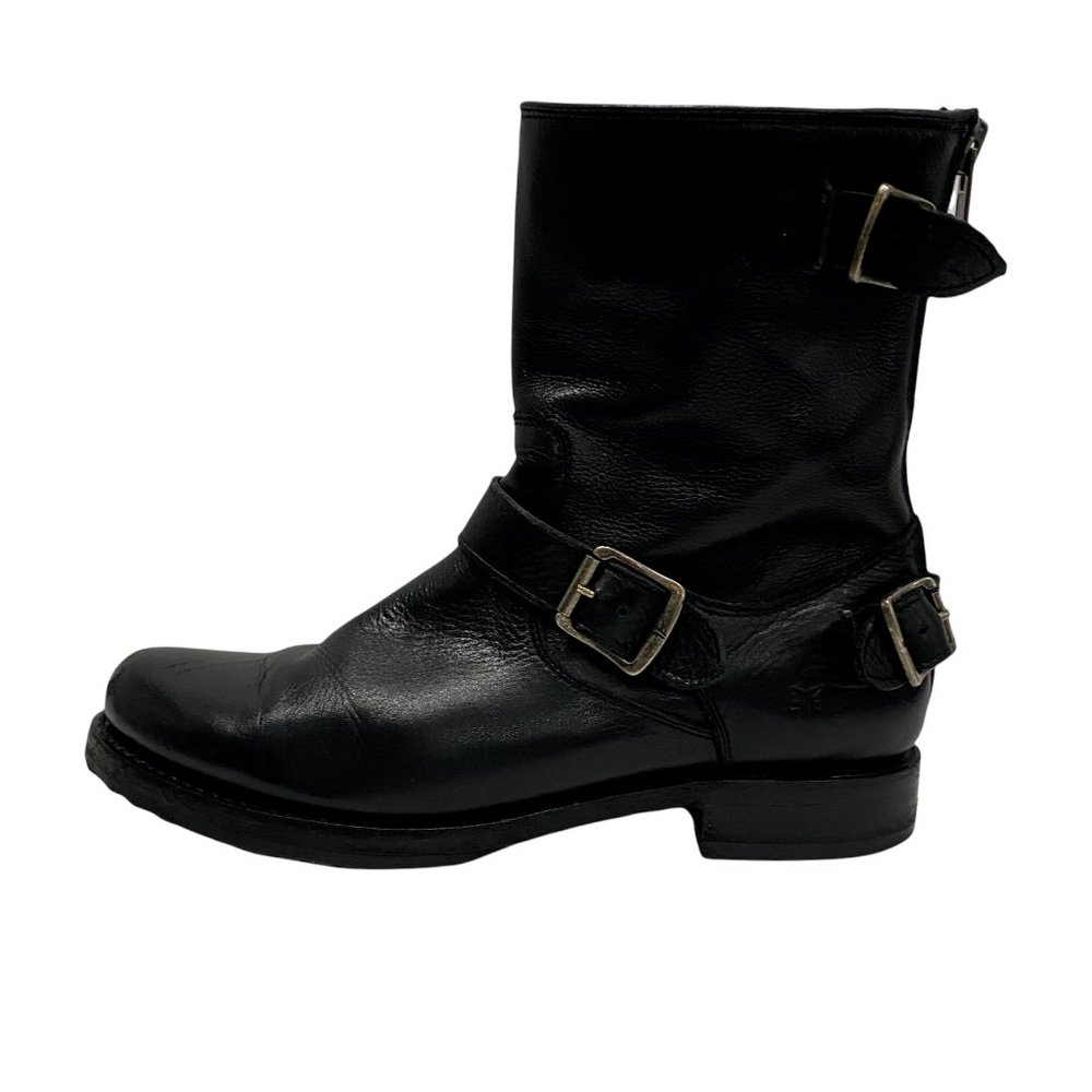 Frye Black Leather Moto Combat Boots with Buckle Strap - Picture 2 of 9